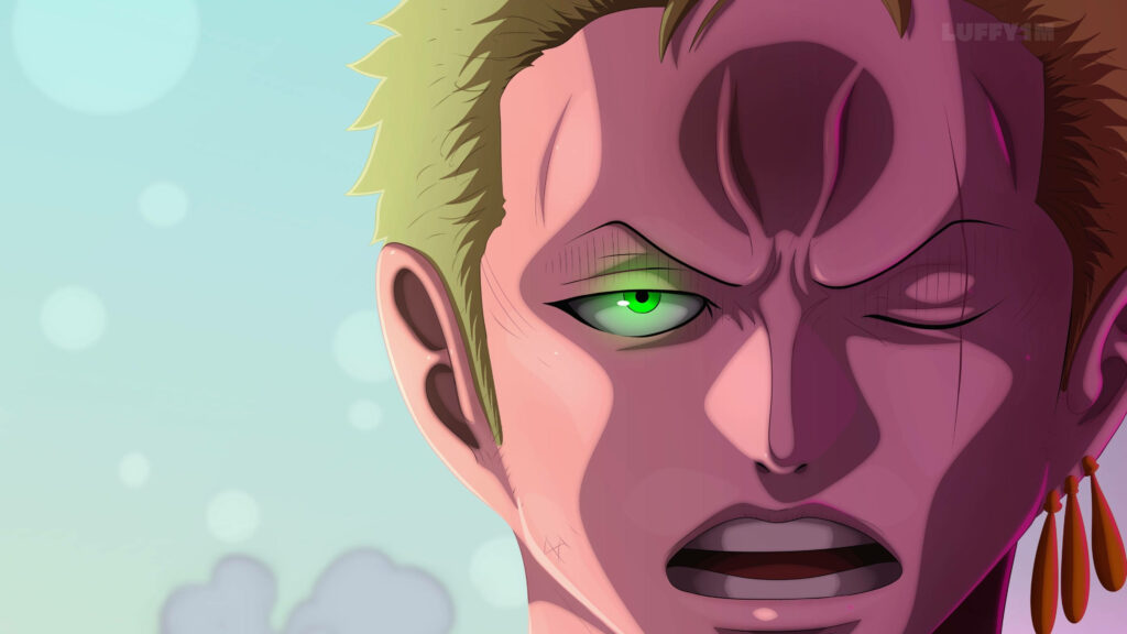 Zoro's Pink Fury: A Vibrant 4K Wallpaper Close-Up with Earring Accents