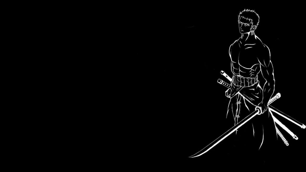 Blade in Hand: A 4k Minimalist Line Art Wallpaper of One Piece's Zoro Holding His Katanas Against a Dark Background