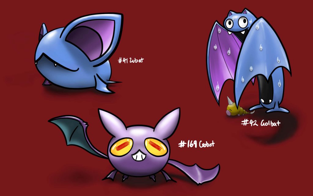 Zubat Golbat Crobat cartoon art wallpaper red background Poison Flying type Pokémon evolution
