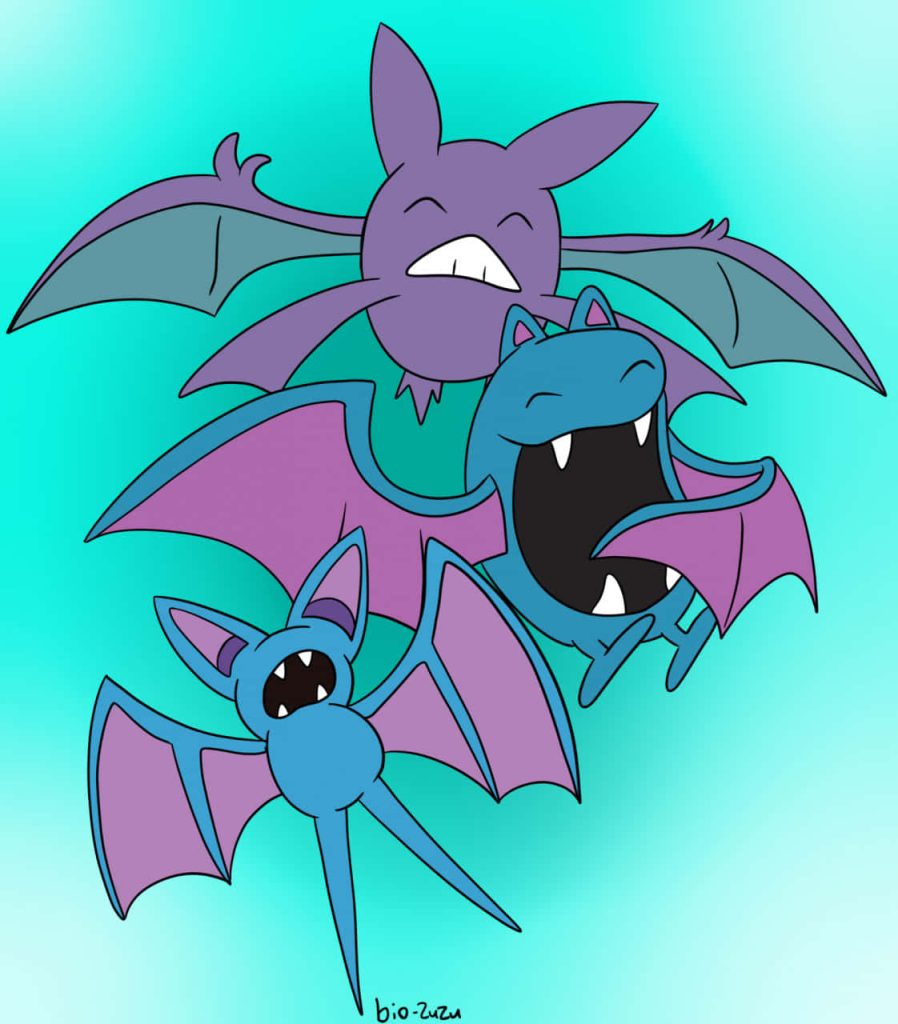 Bright Pokémon evolution line Zubat Golbat Crobat flying on soft teal gradient background wallpaper