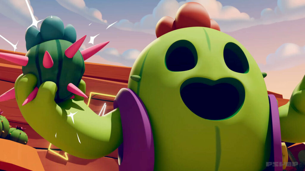 Spike from Brawl Stars: Colorful Cactus Character Wallpaper with Western Desert Background