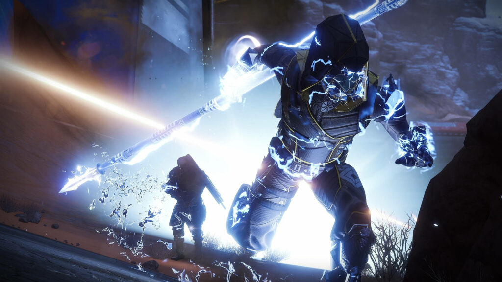 Spark of Domination: The Arcstrider Hunter wields their Arc Staff in Destiny 2 Wallpaper