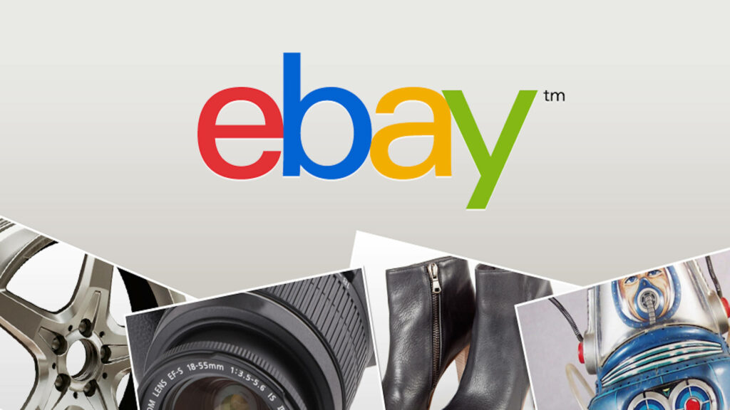 eBay wallpaper with multicolor logo collage of car wheel camera lens boots and vintage robot toy