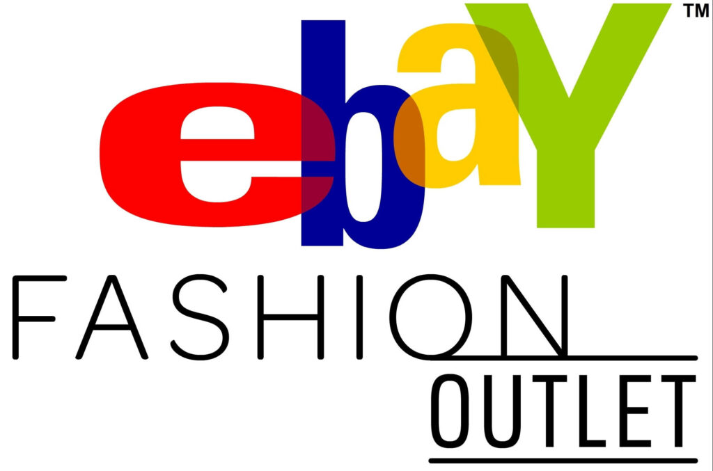 eBay logo in red blue yellow green above black Fashion Outlet text vibrant fashion marketplace wallpaper background