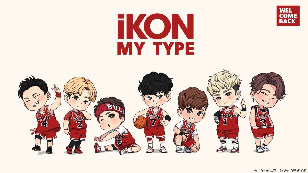 Chibi iKON wallpaper with seven members in red My Type jerseys and Welcome Back logo bright background