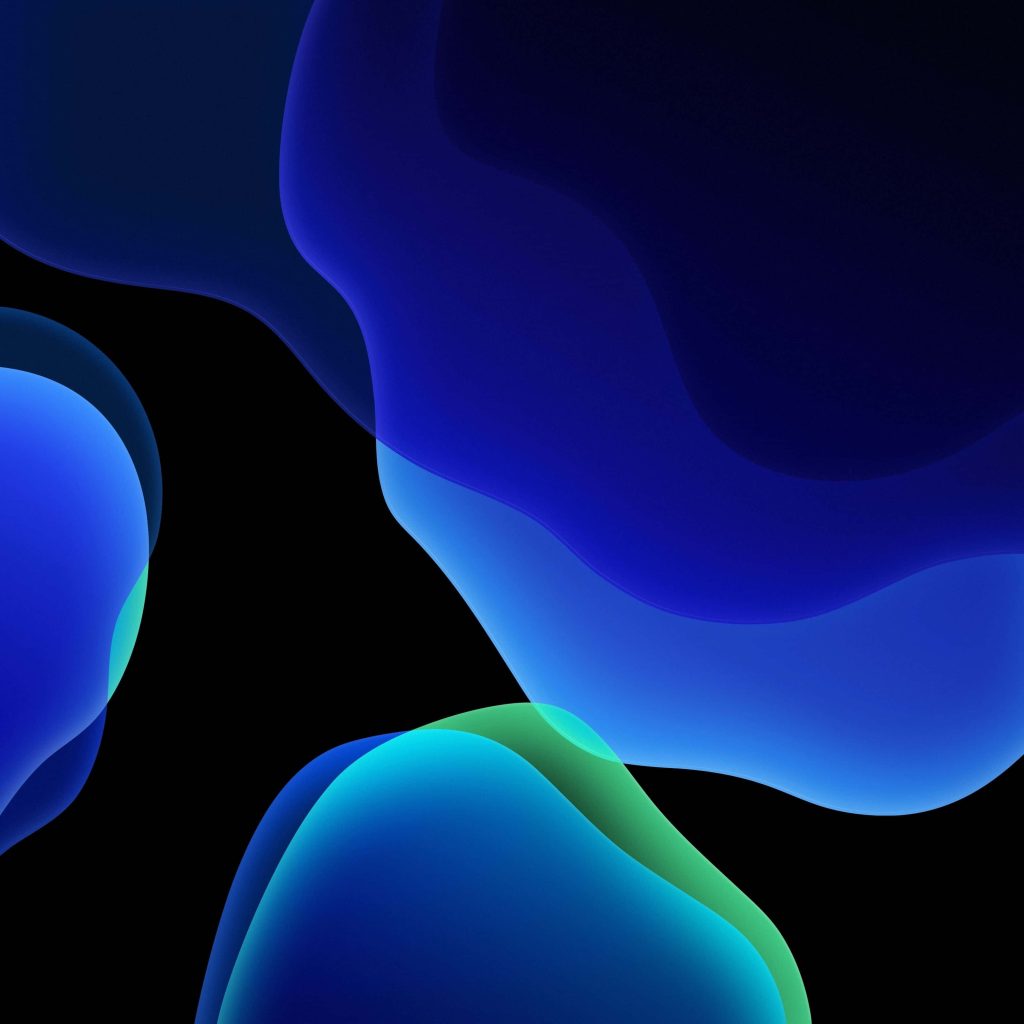 Abstract iOS 13 wallpaper with translucent blue cyan green fluid shapes on black background