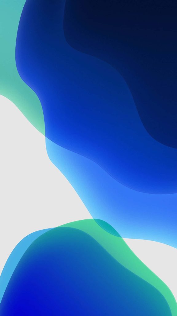 Abstract iOS 13 wallpaper with fluid blue and teal shapes on white minimalist background for iPhone