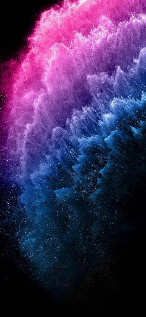 Abstract iPhone 11 Pro wallpaper with vibrant magenta and blue smoke swirling on black background
