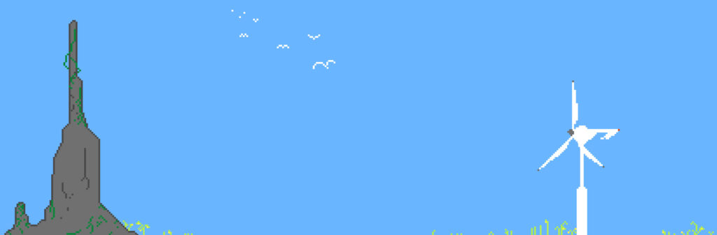 Windswept Serenity: Harmonious Pixel Art amidst Breathtaking Windmill Backdrop Wallpaper