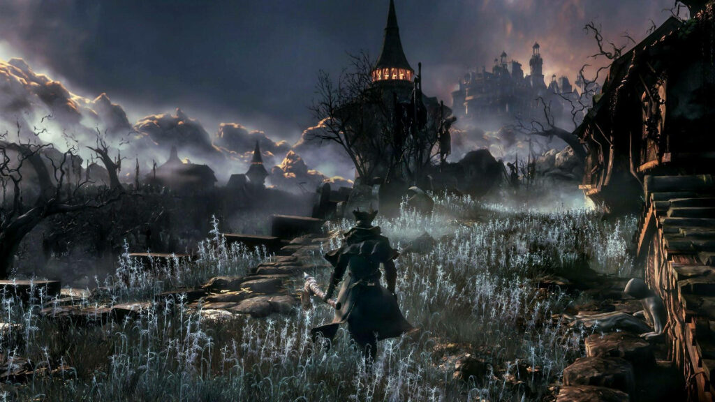The Triumph of Courage: Hunter vs. Witch in the Gothic Realm of Bloodborne Wallpaper