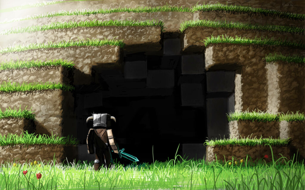 Cinematic Minecraft adventurer in horned helmet with glowing diamond sword by cave entrance Wallpaper