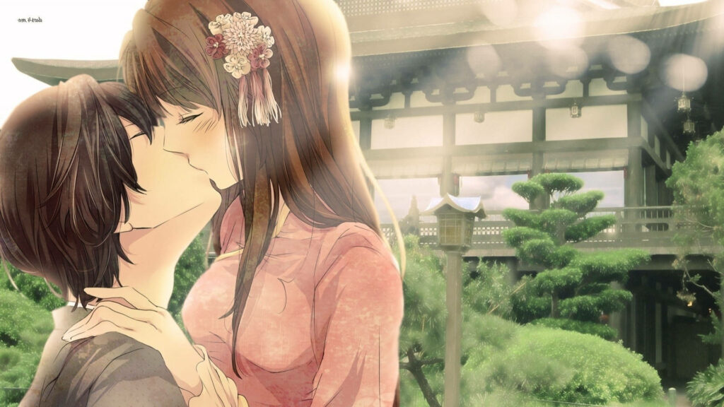 Nature's Romance: Stunning HD Wallpaper of an Outdoor Anime Couple Kissing