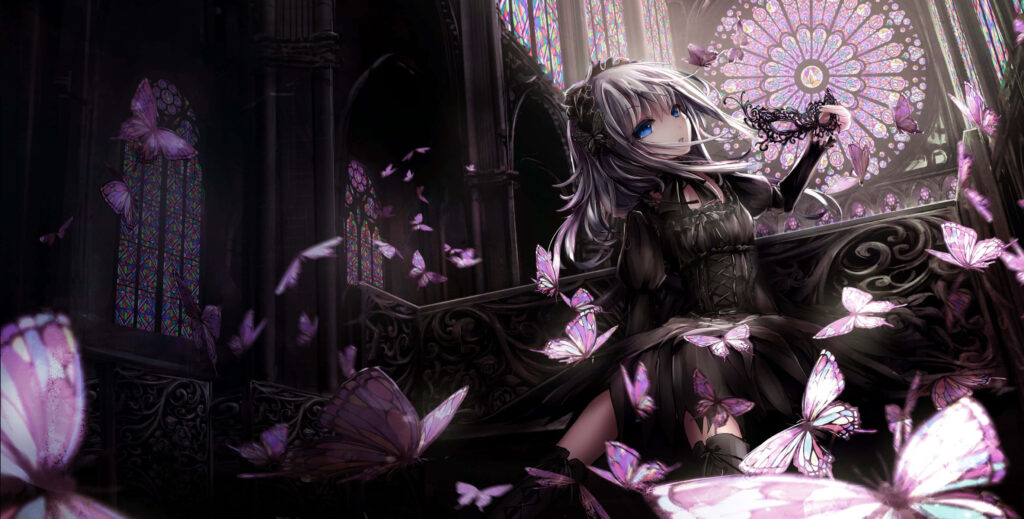 Whimsical Wings: A Purple Gothic Anime Girl and Butterfly Wallpaper
